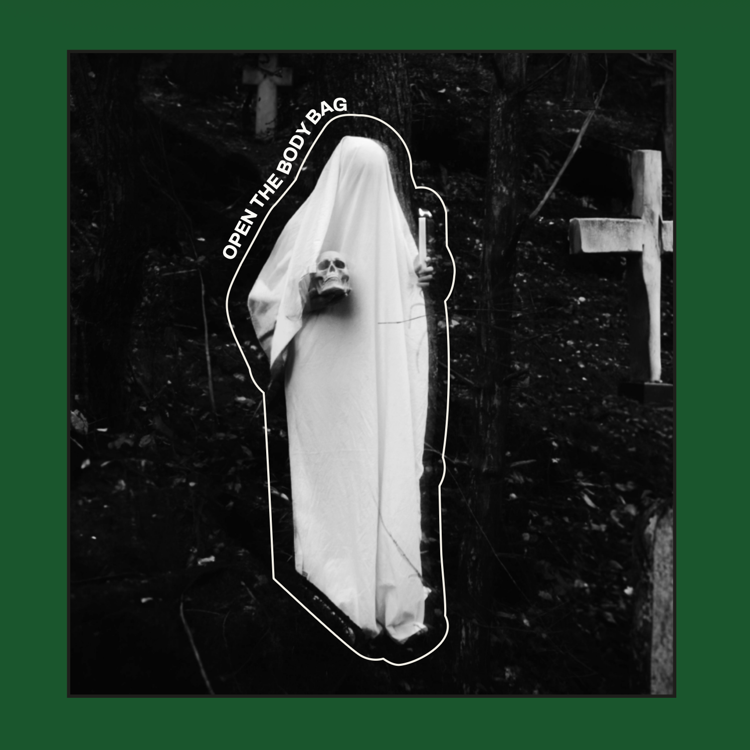 Black and white image of a coffin with a body inside, labeled 'Open the Body Bag'.